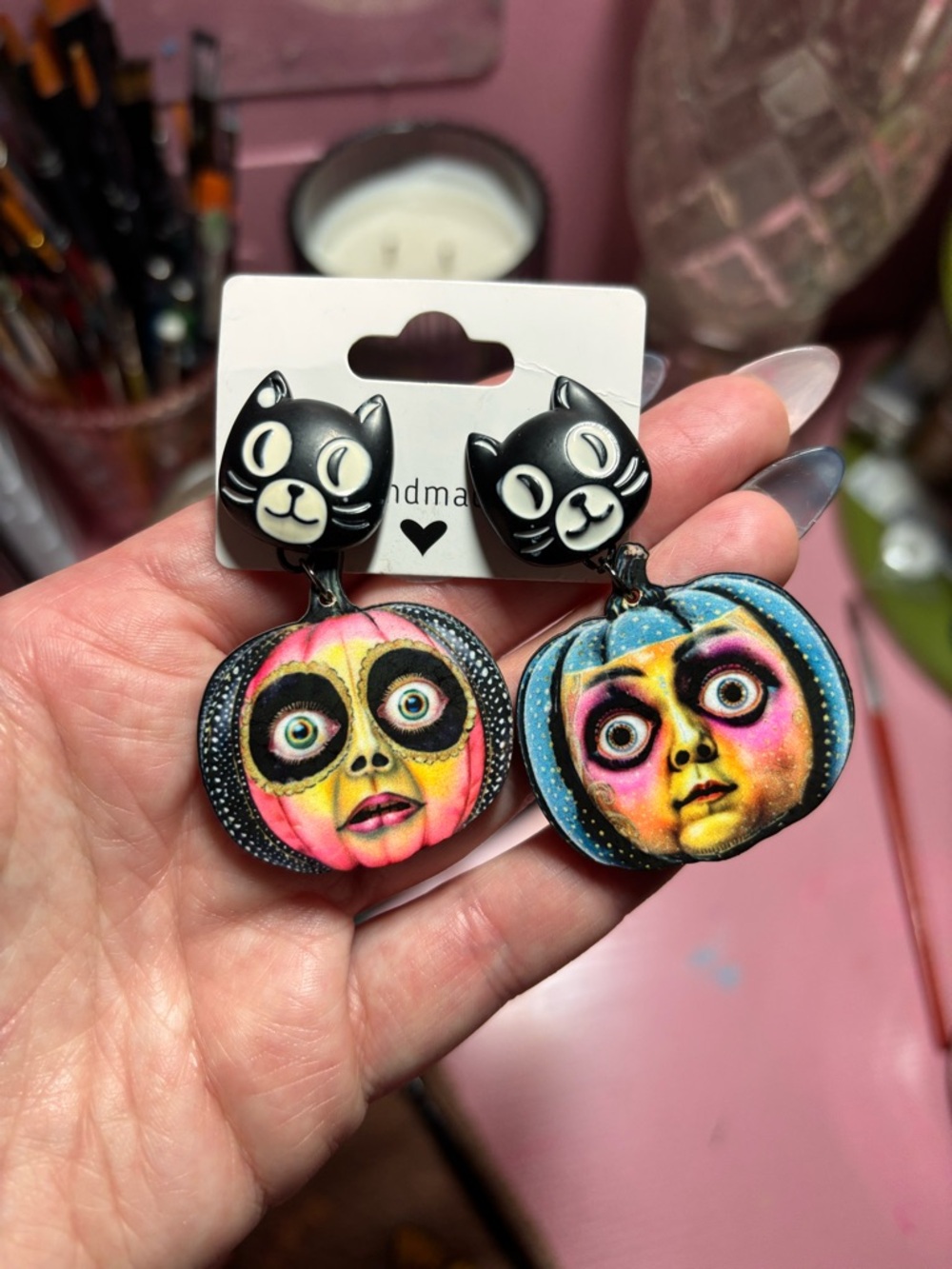 Handmade Cat Top Dangle Earrings with Pink & Blue Pumpkin Faces